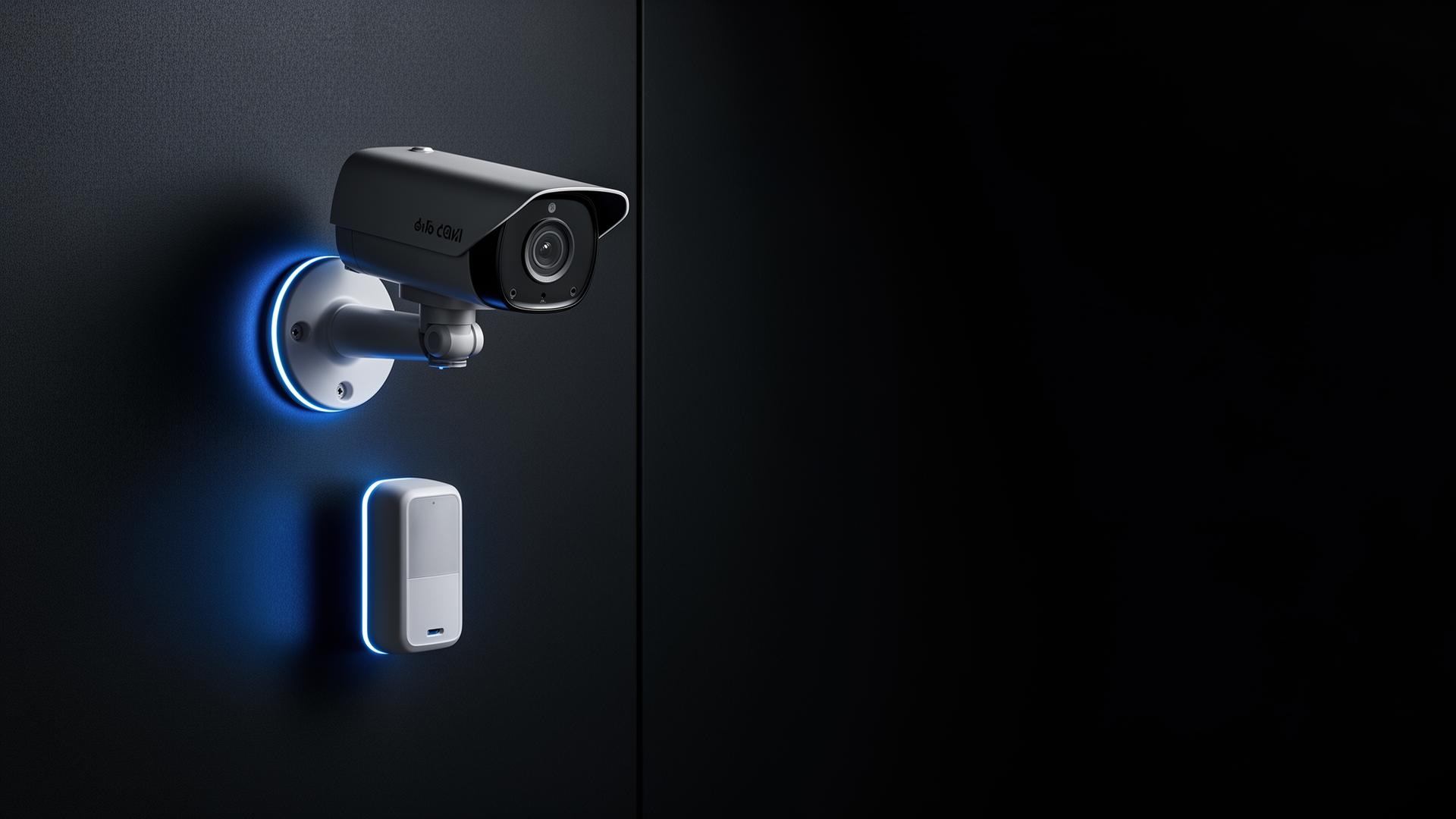 Beveiligingscamera met blauwe LED tegen donkere wand